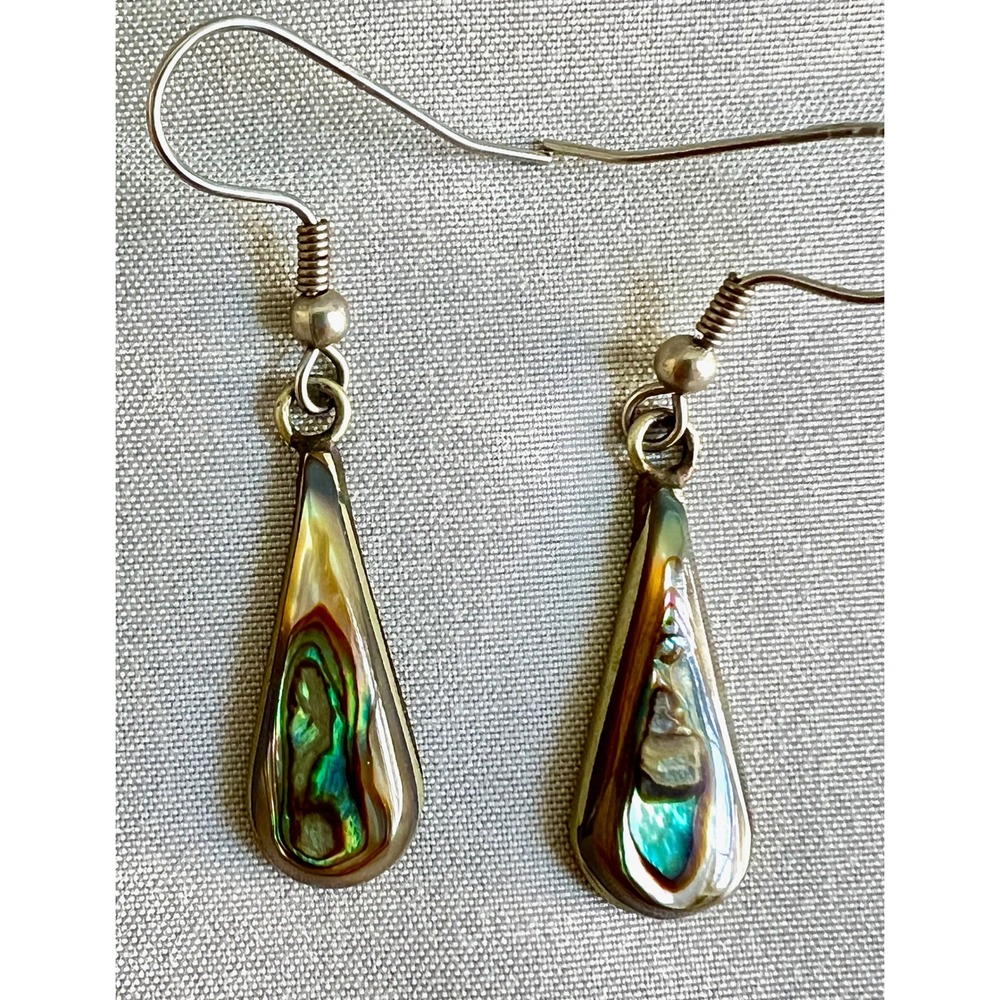 VTG Small Silver Taxco Mexico Abalone Inlay Teardrop Dangle Earrings 1"